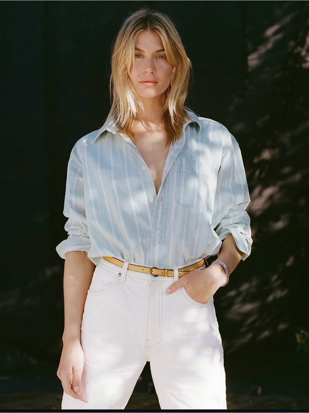 imogene + willie Clyde Denim Button-Down Shirt Light Blue & White Stripe size XS